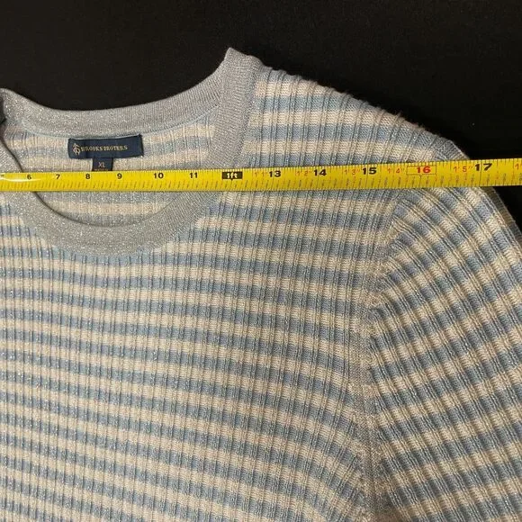 ~Brooks Brothers XL Sweater Short Sleeved Striped Metallic Ribbed Knit Lite Blue - Picture 8 of 16